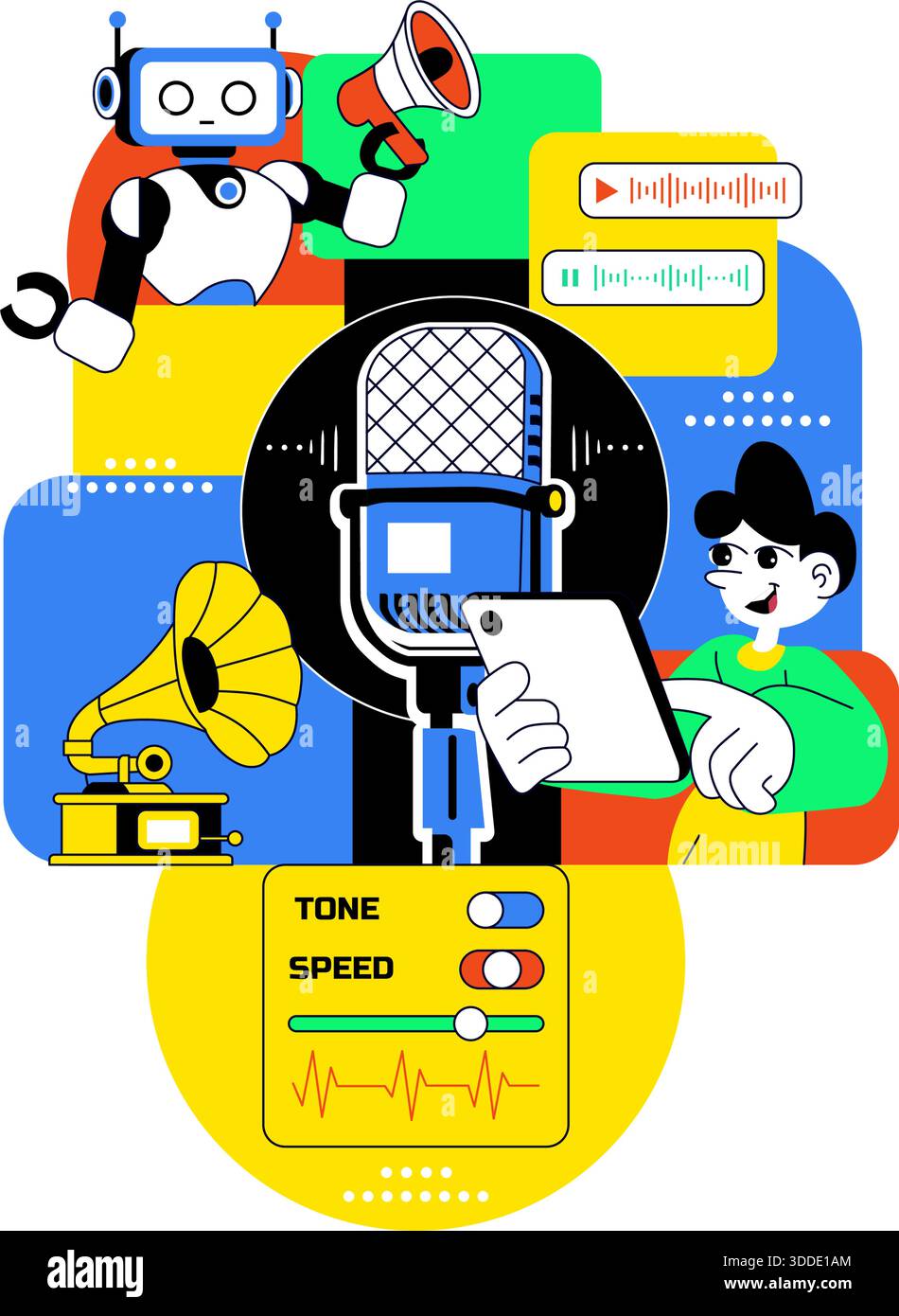 Illustrazione vettoriale degli strumenti di generazione vocale AI per la tecnologia audio digitale, la sintesi vocale e le moderne soluzioni di intelligenza artificiale Illustrazione Vettoriale