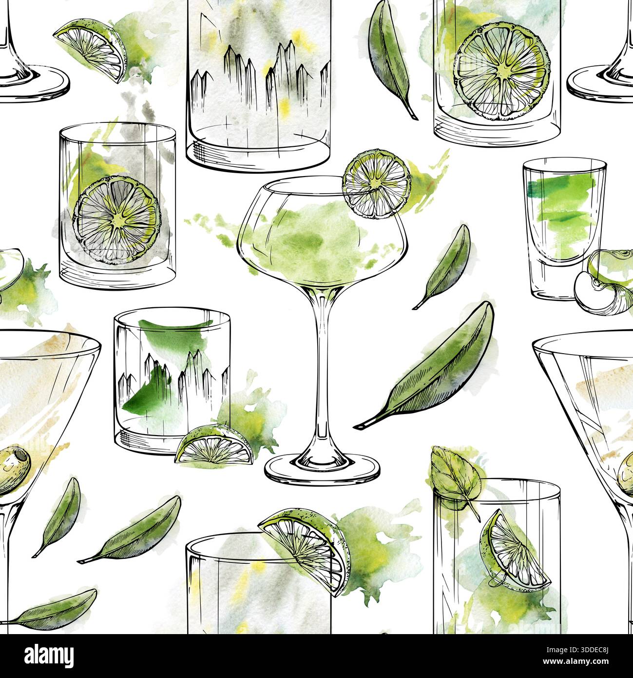 Acquerello e inchiostro motivo senza cuciture di cocktail limpidi e verdi con menta, lime e vetro scintillante, guarnizione di oliva. Martini, mano di caipirinha Foto Stock