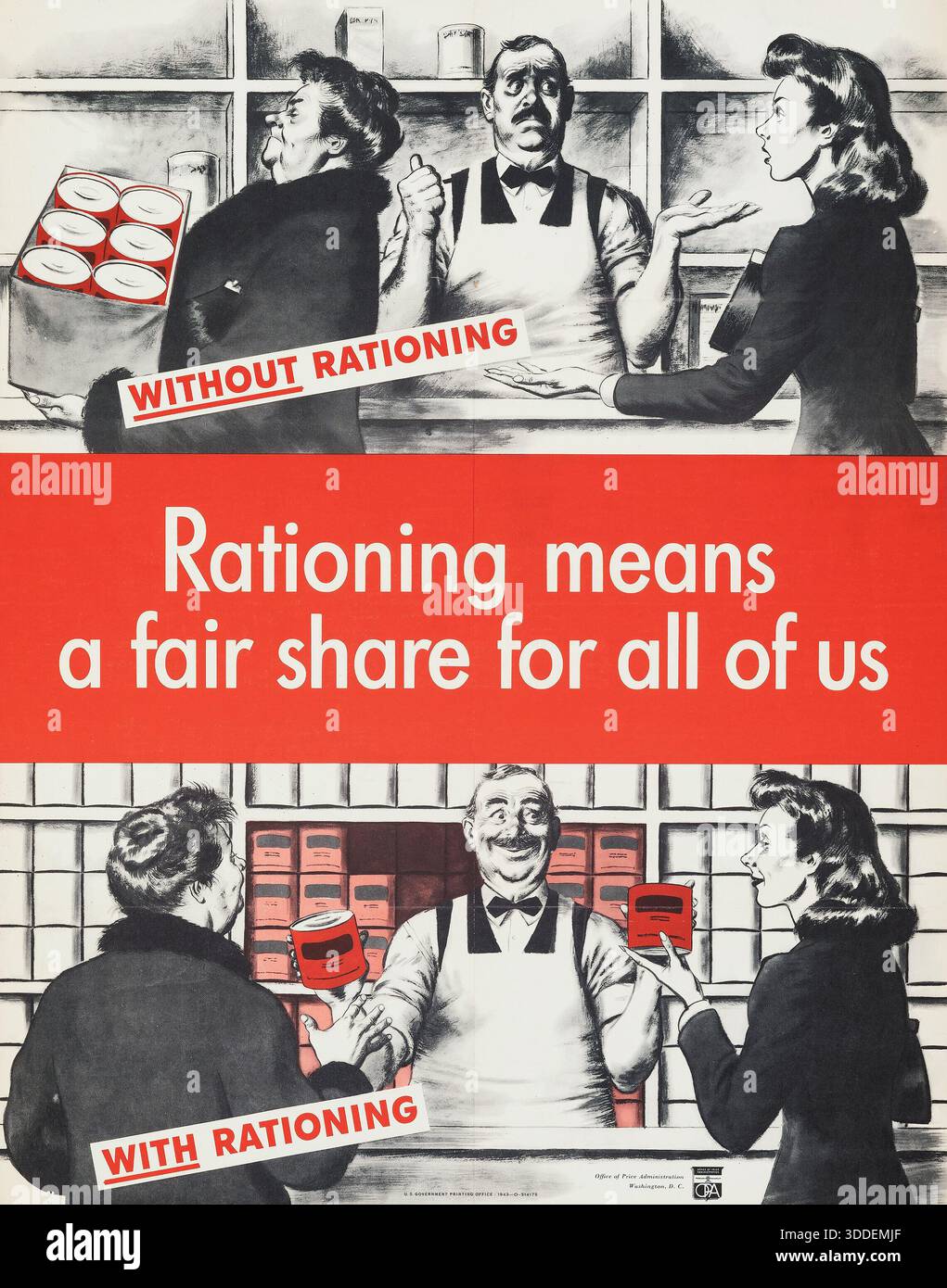 Razionamento del cibo - Propaganda della seconda guerra mondiale (U.S. Government Printing Office, 1943) poster dell'Ufficio di amministrazione dei prezzi - "razionamento significa una quota equa per tutti noi" Foto Stock