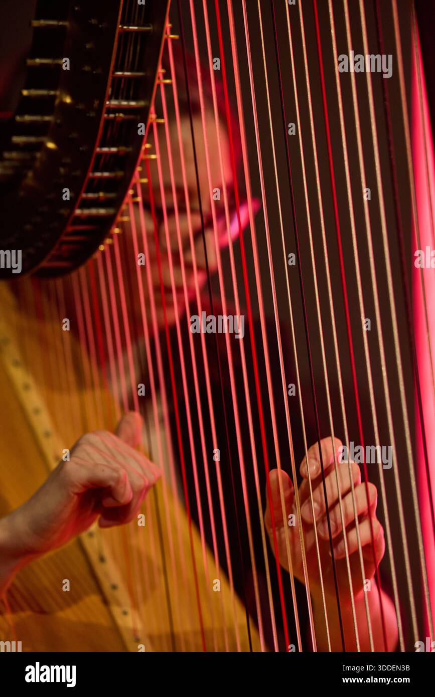 Arpista che si esibisce sul palco Foto Stock