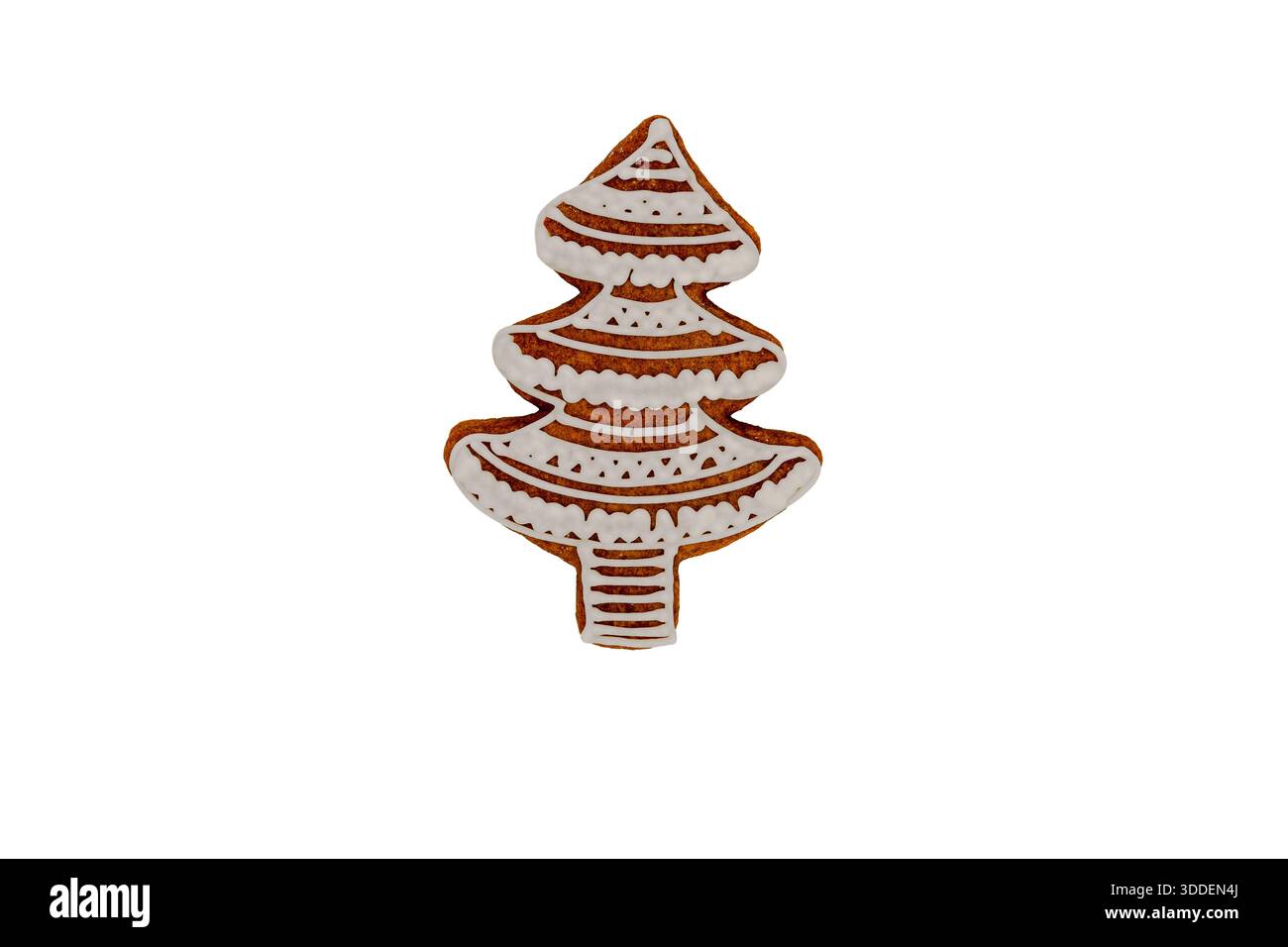Biscotto di pan di zenzero a forma di albero di natale decorato con glassa reale bianca. Foto Stock