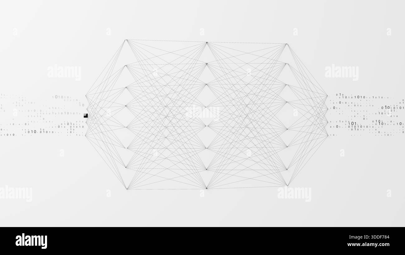 Modello di rete neurale, sfondo struttura LLM. Concetto tecnologico di elaborazione dei big data AI. Background astratto dell'apprendimento automatico. Quantistica digitale Foto Stock