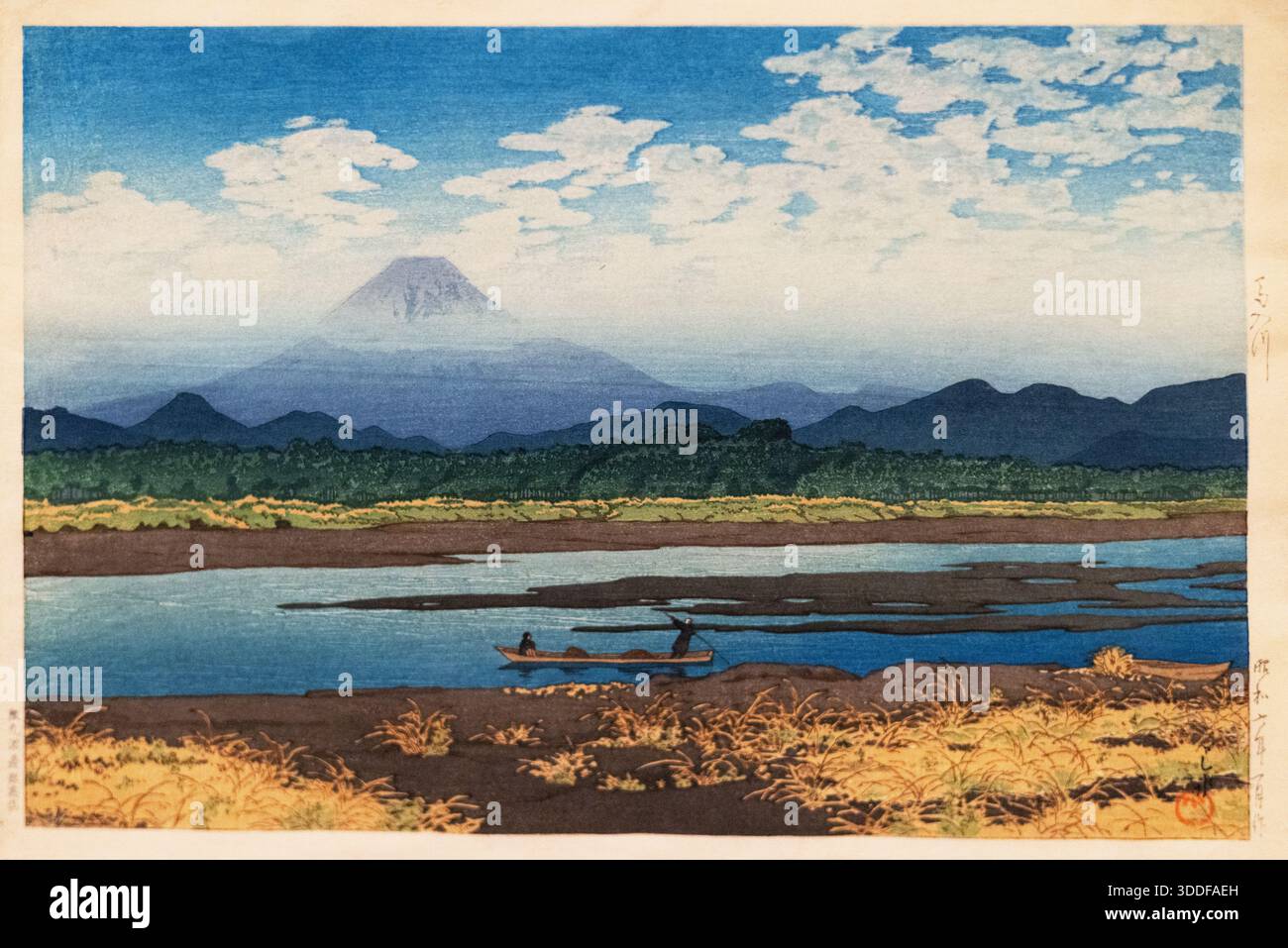 Kawase Hasui 'Banyu River' 1931; stampa Kawase Hasui. Considerata come il successore moderno di Hiroshiges, questa stampa tratta da una serie intitolata "viste selezionate lungo il Tokaido"; stampa di xilografie giapponesi del XX secolo; stampe di paesaggi giapponesi degli anni '1900. Foto Stock