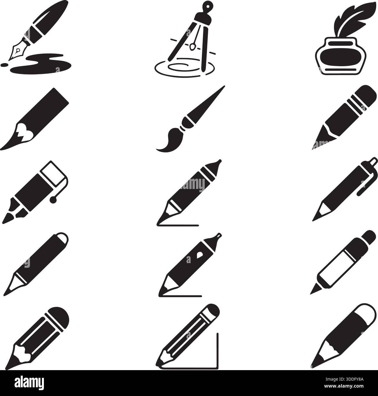 Strumenti di scrittura e disegno di cancelleria artistica Set di icone silhouette Design vettoriale Illustrazione Vettoriale