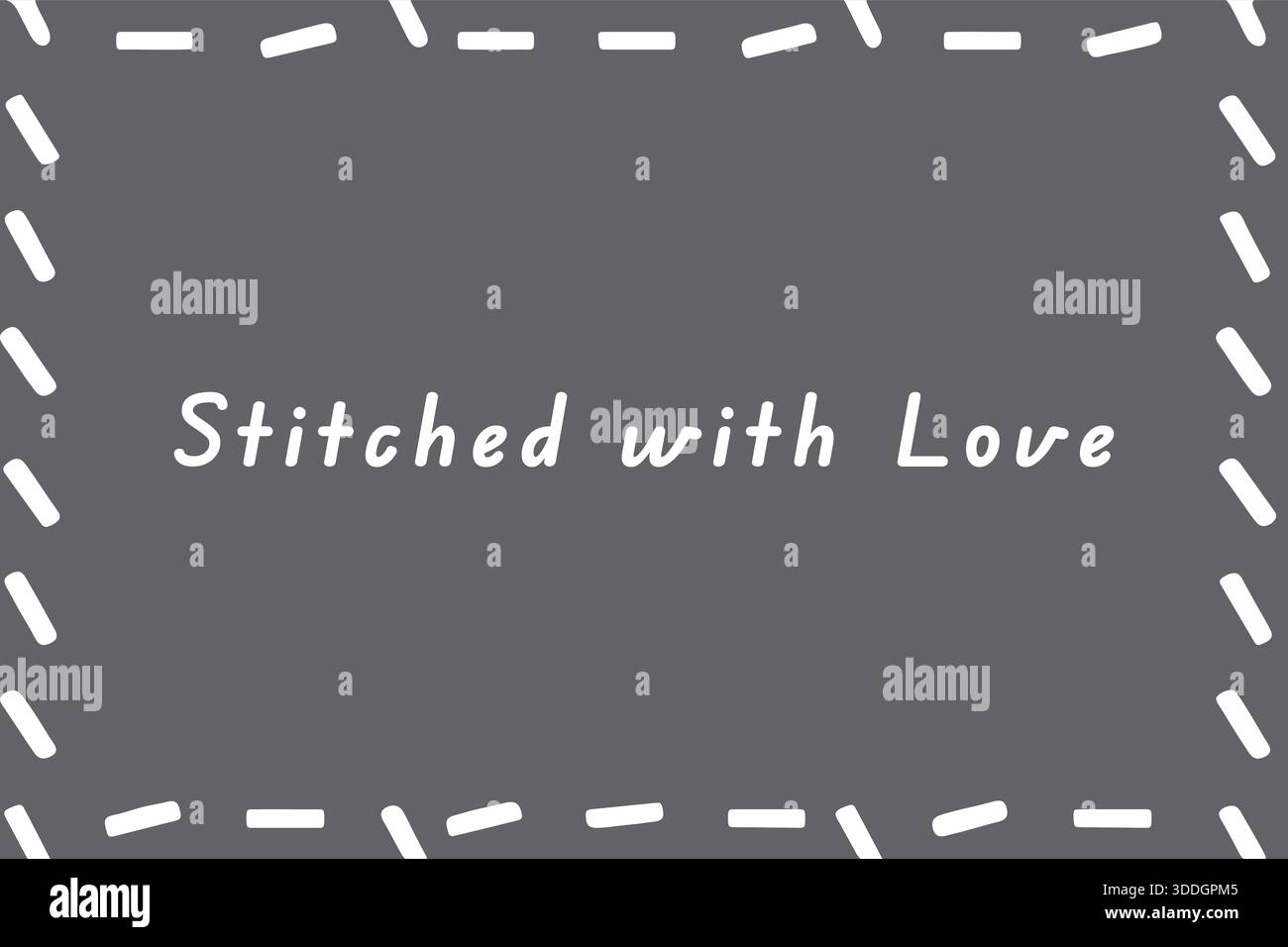 Una carta scura delimitata da linee tratteggiate con la frase scritta a mano cucita con amore. Illustrazione Vettoriale