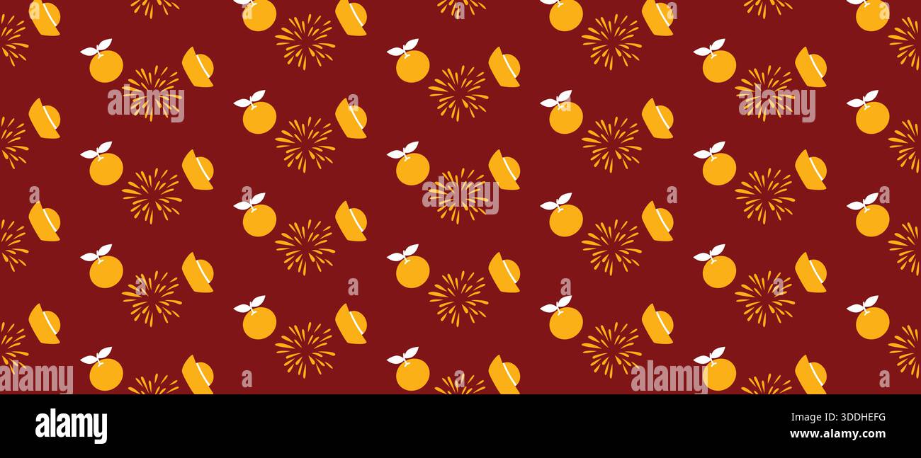 Motivo del capodanno cinese senza cuciture con elementi da festival, arance, monete cinesi e copricapo tradizionale su sfondo rosso Illustrazione Vettoriale