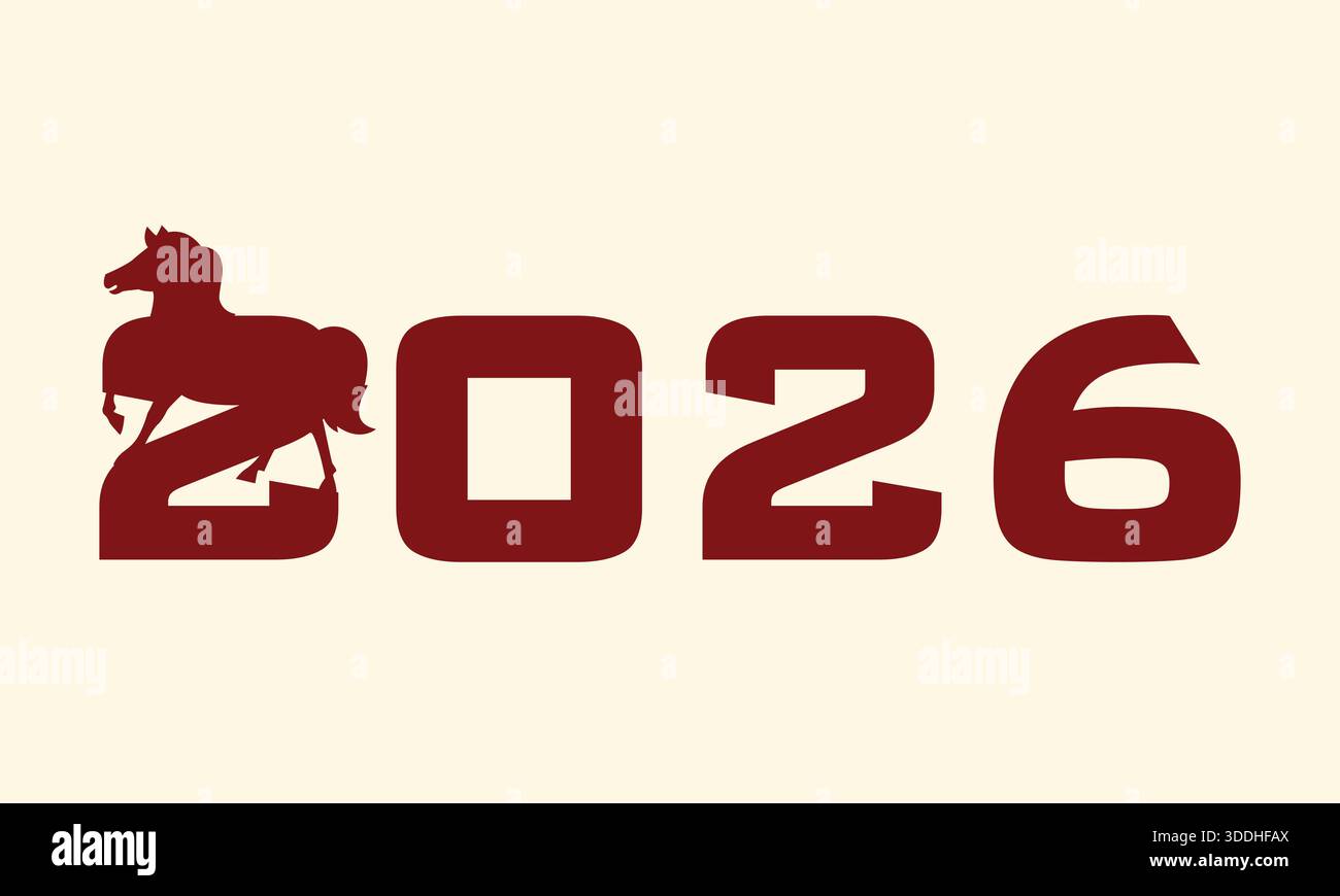 Tipografia rossa 2026 con silhouette a cavallo per il Capodanno lunare del cavallo, motivo zodiaco cinese per le feste Illustrazione Vettoriale