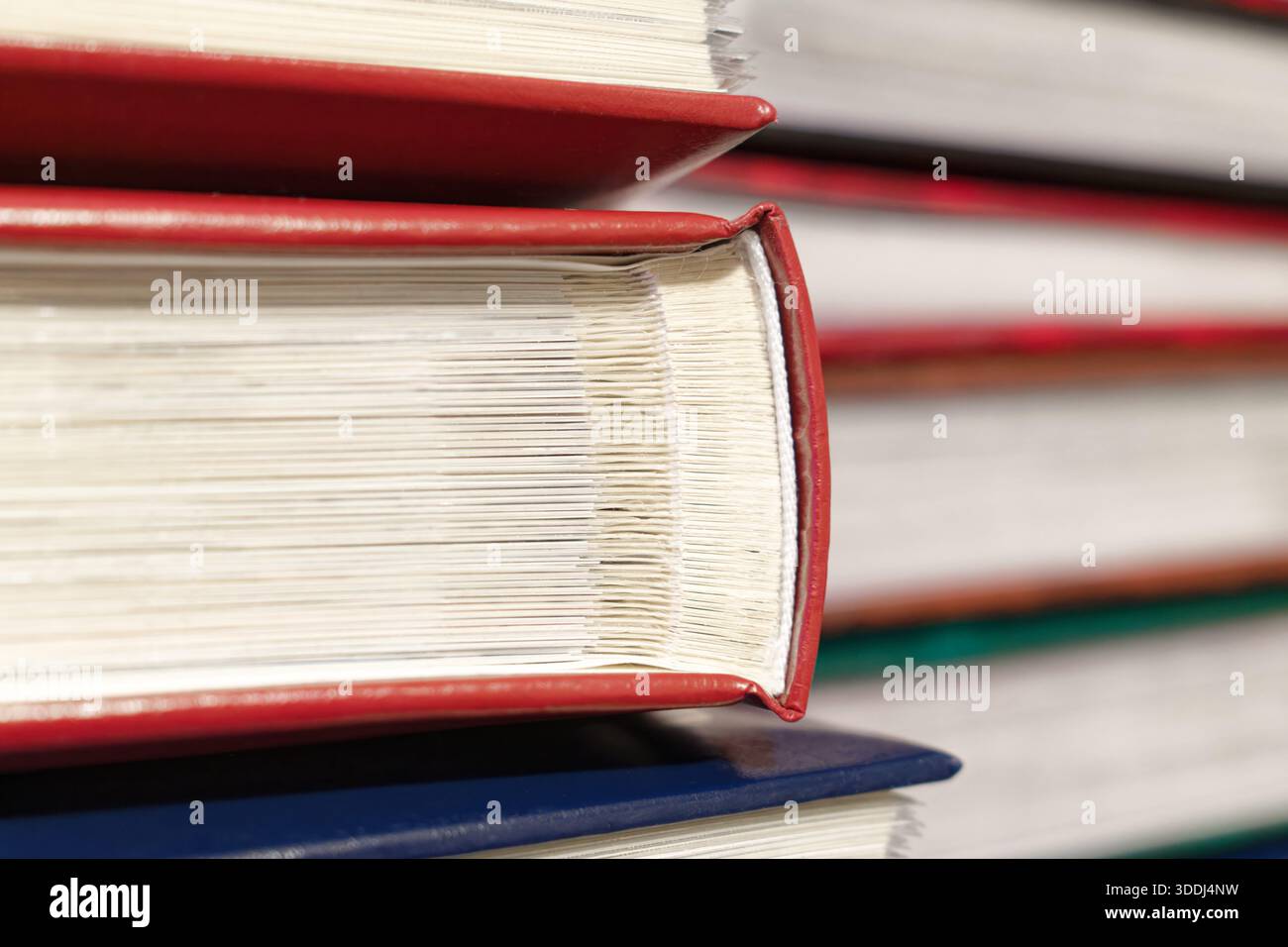 Una pila di album fotografici con copertine rosse, visualizzazione macro di colonne e pagine degli album, fotografia, ricordi, concetto di archiviazione. Foto Stock