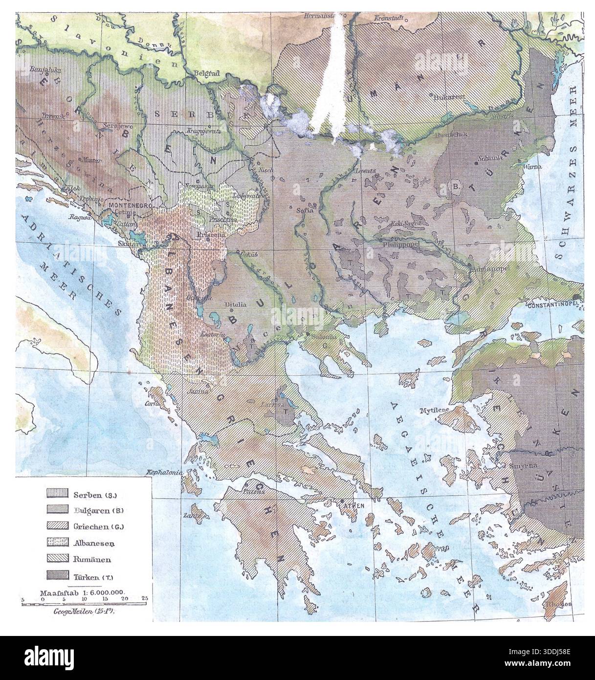 Mappa storica dell'Europa e dei Balcani del 1870 che mostra i territori ottomani e le regioni limitrofe Foto Stock