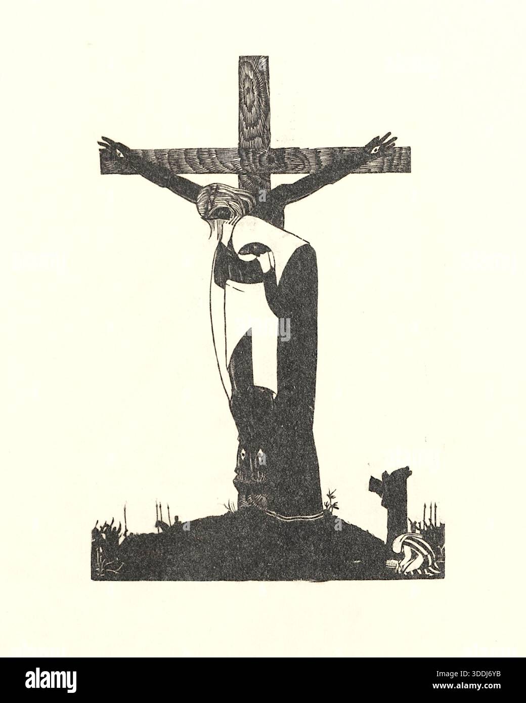 Wiktoria Goryńska - la Crocifissione - 1934 - l'opera è un notevole esempio di arte religiosa polacca dell'inizio del XX secolo, raffigurante la scena tradizionale di Cristo sulla croce in modo distintivo e stilizzato. L'illustrazione è resa in uno stile bianco e nero, a contrasto elevato, che ricorda le incisioni in legno o le stampe a blocchi. Questo approccio enfatizza l'illuminazione e le ombre drammatiche, concentrando l'attenzione dello spettatore sulla forma e sul peso emotivo della scena. Foto Stock