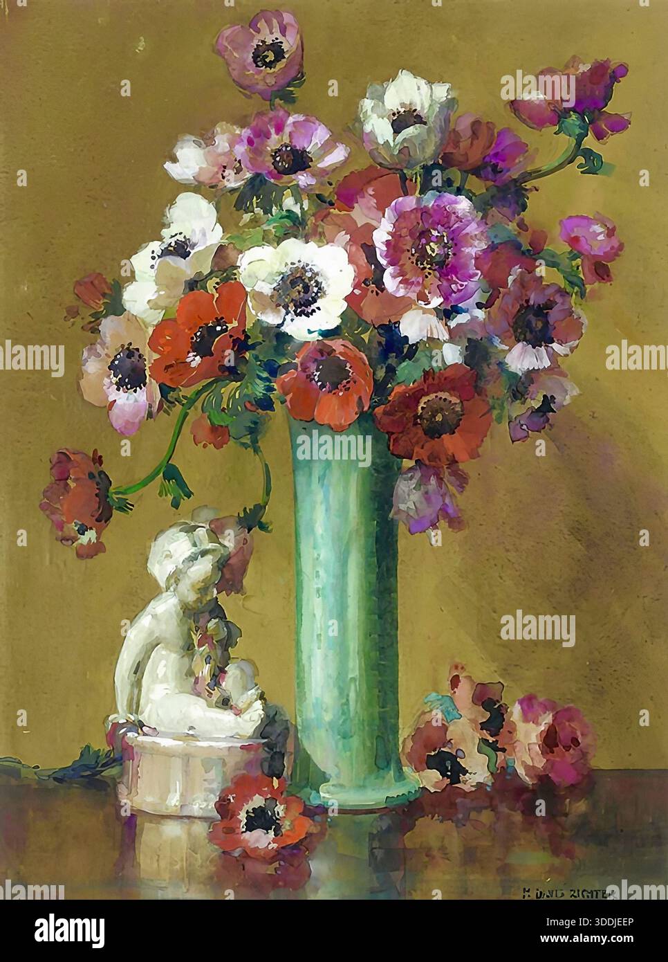 Herbert Davis Richter - anemoni bianchi, rossi e viola in vaso verde Foto Stock
