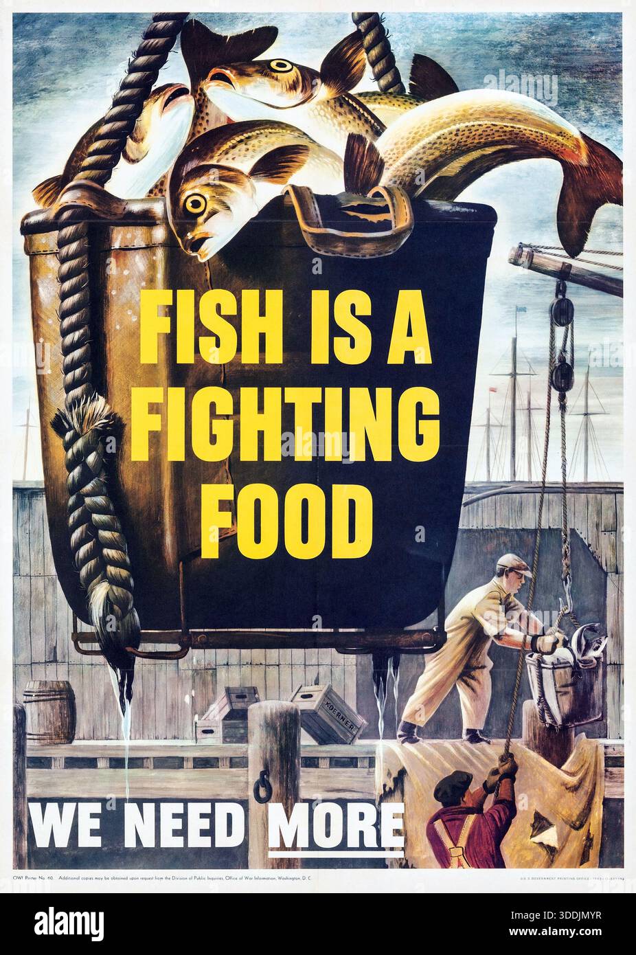American World War II Propaganda poster (U.S. Government Printing Office, 1943). Poster OWI n. 60 "il pesce è un cibo combattente, abbiamo bisogno di più". Opere d'arte di Henry Koerner Foto Stock