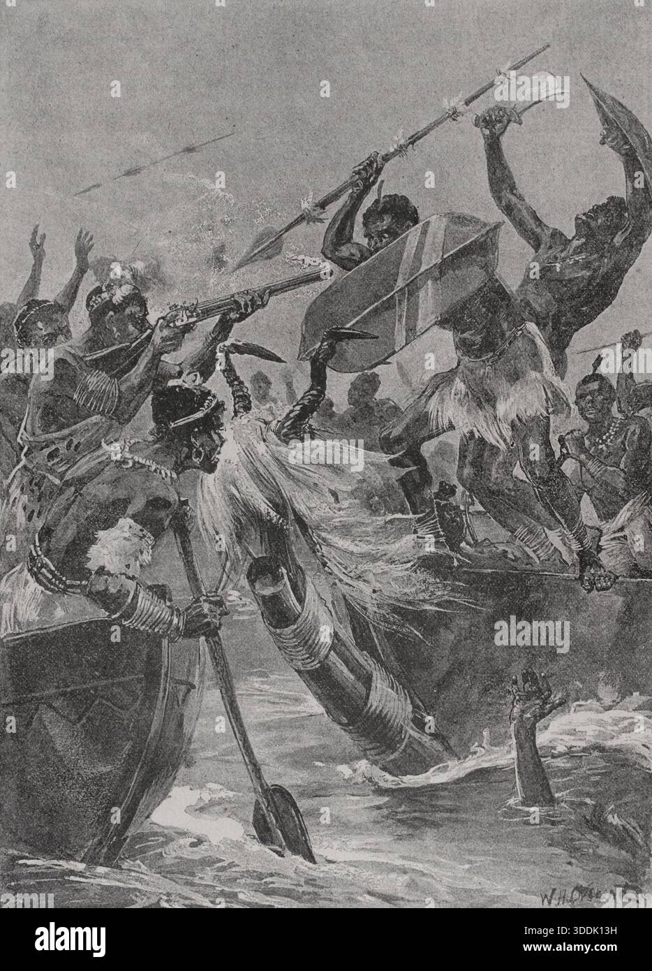 Africa. Battaglia navale tra i Waganda e i Wavuma. Nel corso degli anni, i re dell'Uganda tentarono invano di sottomettere i Wavuma, che si rifiutarono di accettare il cristianesimo. Re Mutesa decise di soggiogare le isole nel 1875, causando un deterioramento delle relazioni tra Buganda e Buvuma. A quel tempo, Henry Morton Stanley soggiornava in Uganda durante la sua spedizione sul fiume Congo (1874-1877), descrivendo la forza di combattimento con cui Mutesa tentò di conquistare Wavuma. Fotografia dopo un'illustrazione di William Heysham Overend (1851-1898). "La conquista de Africa" (la conquista dell'Africa Foto Stock