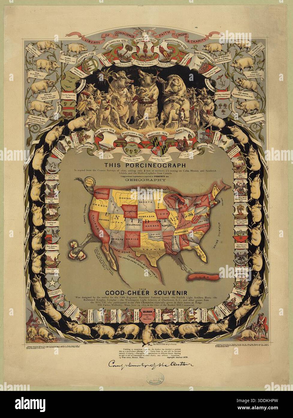 Mappa illustrata della novità intitolata This Porcineograph, che mostra gli Stati Uniti raffigurati a forma di maiale e circondati da maiali che rappresentano i singoli stati con note sugli alimenti regionali, stampata dalla Forbes Lithograph Manufacturing Company di Boston, intorno al 1876. Foto Stock