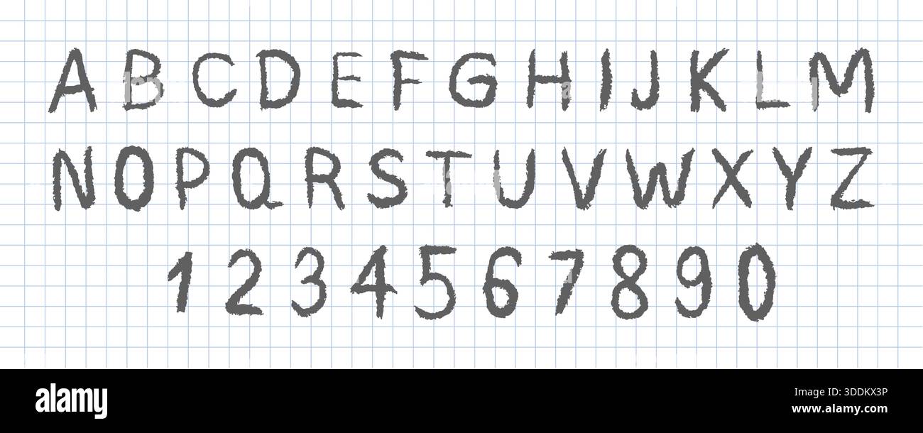 Alfabeto inglese. Font pastello per bambini. Tessuto funky in gesso per disegni divertenti o per l'apprendimento a scuola e all'asilo. Illustrazione vettoriale Illustrazione Vettoriale