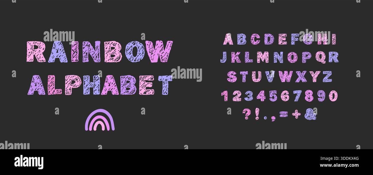 Pastello dell'alfabeto inglese. Carattere colorato per scarabocchi con stile infantile. Design divertenti e per progetti a tema scolastico o per feste. Illustrazione vettoriale Illustrazione Vettoriale