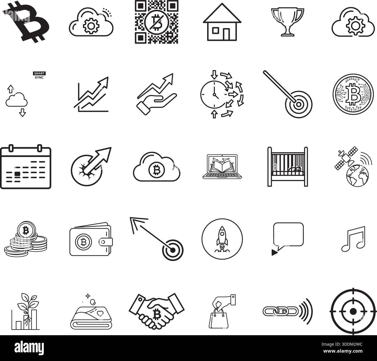 Icone di criptovaluta e finanza per aziende e tecnologie Illustrazione Vettoriale