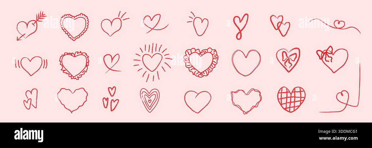 Stravagante cuore disegnato a mano sbatte con divertenti linee di schizzo. Icone d'amore imperfette romantiche per San Valentino, matrimonio, cancelleria, branding Illustrazione Vettoriale