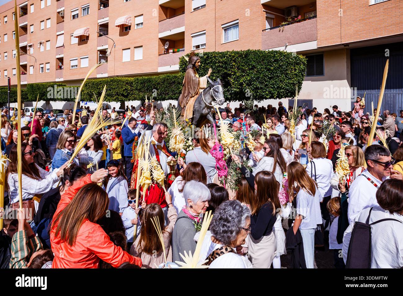 Prete che benedice Palms durante la processione Foto Stock