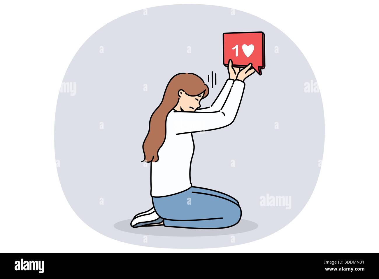 La blogger donna tiene come icona, inginocchiandosi e sognando di ricevere molti feedback dagli abbonati sui social network. La blogger ragazza che soffre di dipendenza digitale ha bisogno di seguaci di approvazione costante Illustrazione Vettoriale