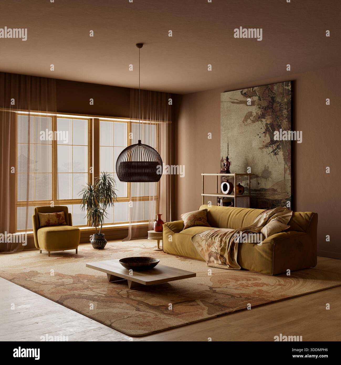 Gli interni del salotto japandi con ampio angolo sono caratterizzati da uno spazio negativo forte, tonalità terrose e una calda illuminazione soffusa, creati per enfatizzare il lusso moderno e spazioso Foto Stock