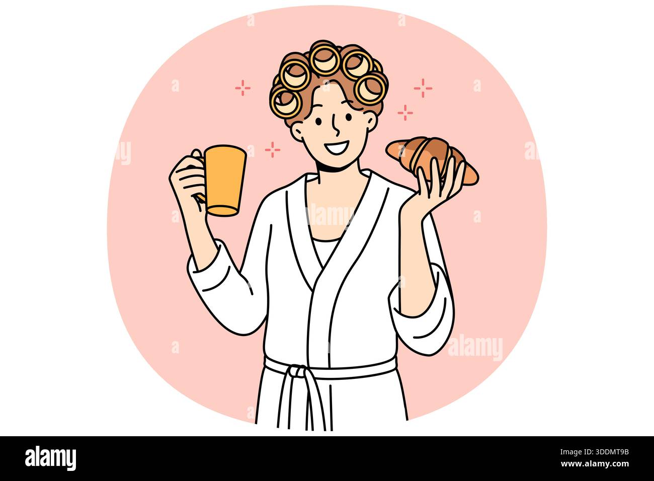 La donna apprezza la colazione mattutina a base di croissant fresco e caffè in tazza, in piedi in accappatoio e arricciacapelli sui capelli. Concezione Good Morning o importanza di svegliarsi in stato d'animo positivo per raggiungere il successo nella vita Illustrazione Vettoriale