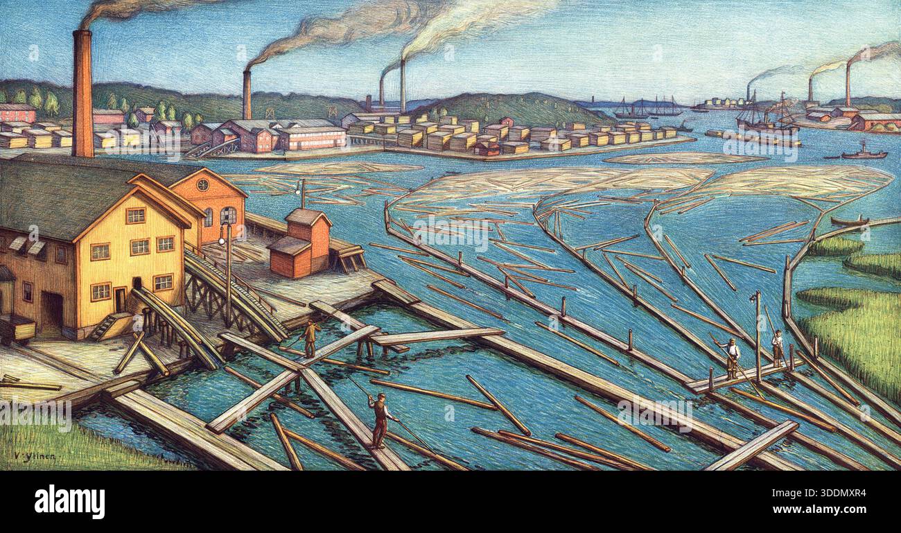 Alla foce del fiume Kymijoki, nel sud della Finlandia, nel 1900, l'industria del legno, la segheria, i tronchi trasportati sul fiume, l'autentica riproduzione di un poster scolastico, data storica, esatta sconosciuta Foto Stock