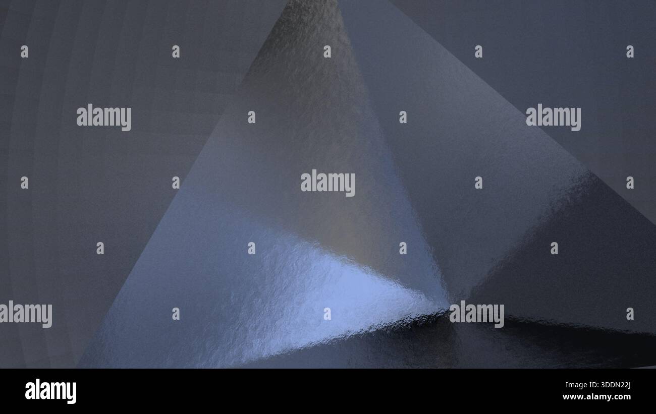 Rendering 3D, immagine di sfondo desktop di due tetraedroni Uniti a una texture di grigio uniforme e uniforme, la luce crea aree di luce e ombra. Foto Stock