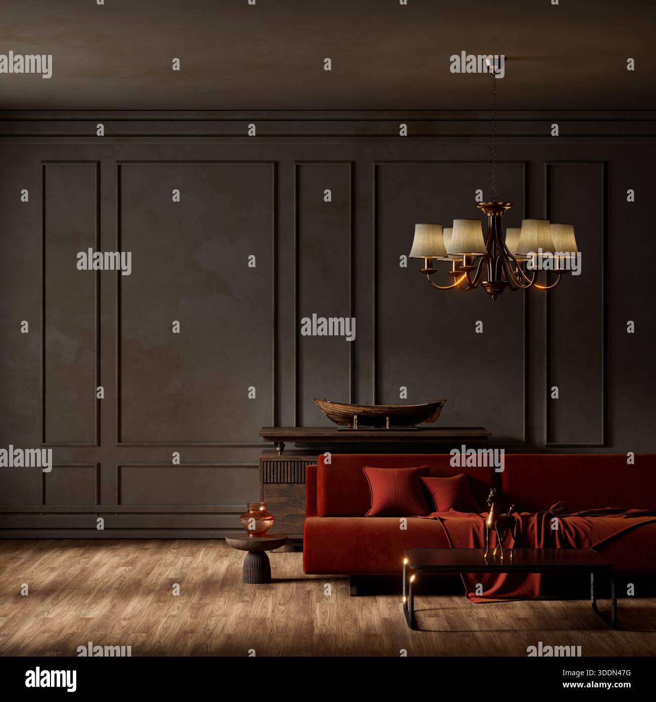 Il soggiorno, di colore scuro, è caratterizzato da una calda illuminazione a lampadario, ombre profonde, pannelli a parete classici e ricche texture che creano un ambiente cinematografico, elegante e lussuoso Foto Stock