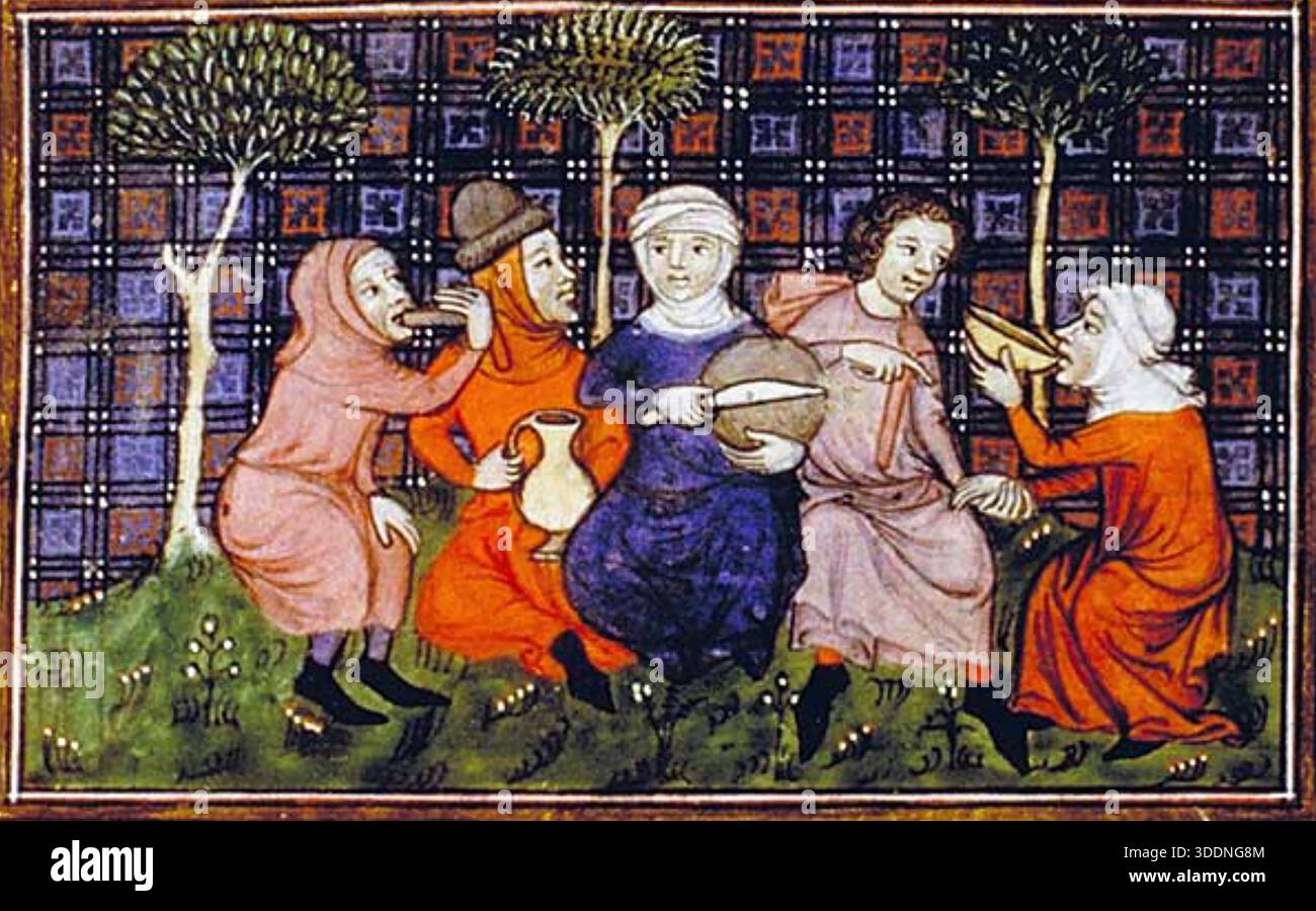 I contadini francesi medievali condividono un piccolo pasto di pane e bevande nel manoscritto del 'Livre du roi Modus et de la reine Ratio'na del XIV secolo. Il libro è un trattato sulla caccia e il re e la regina sono figure allegoriche. Foto Stock