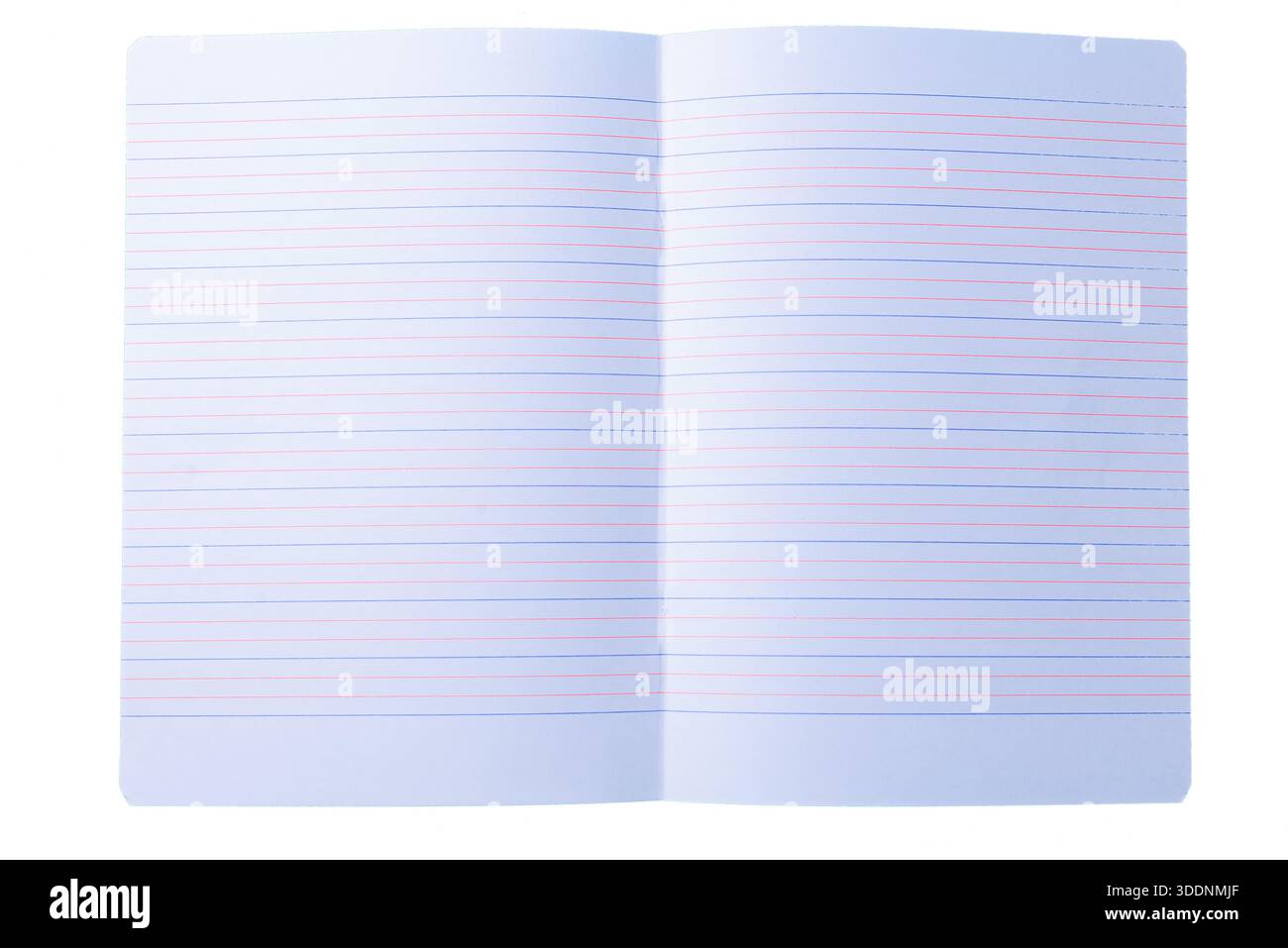 Blocco appunti aperto con pagine rivestite in blu chiaro isolate su un concetto di scrittura e inserimento nel Journal realistico e bianco. Foto Stock
