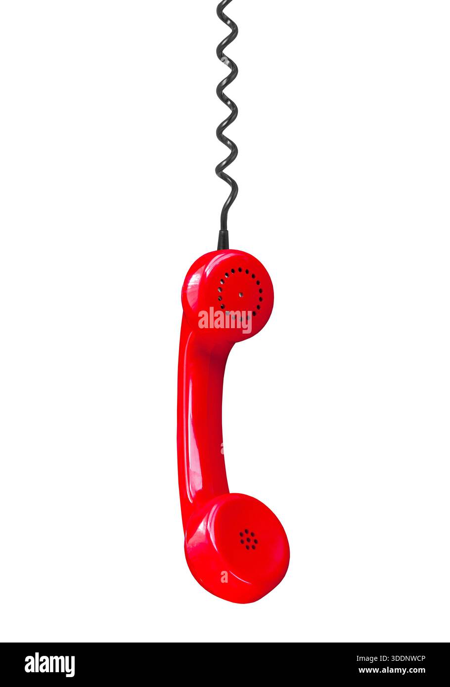 Ricevitore telefonico rosso appeso al cavo, apparecchiature di telecomunicazione isolate Foto Stock