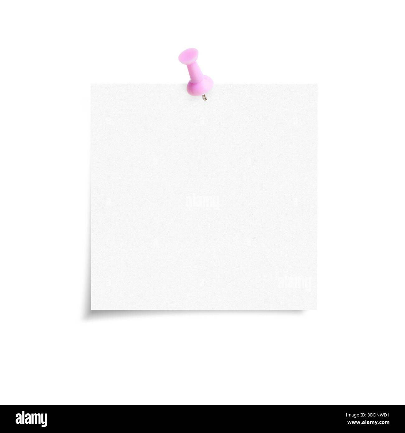 Nota adesiva bianca con pin rosa isolato su sfondo bianco, carta adesiva per la visione anteriore con spazio di copia Foto Stock