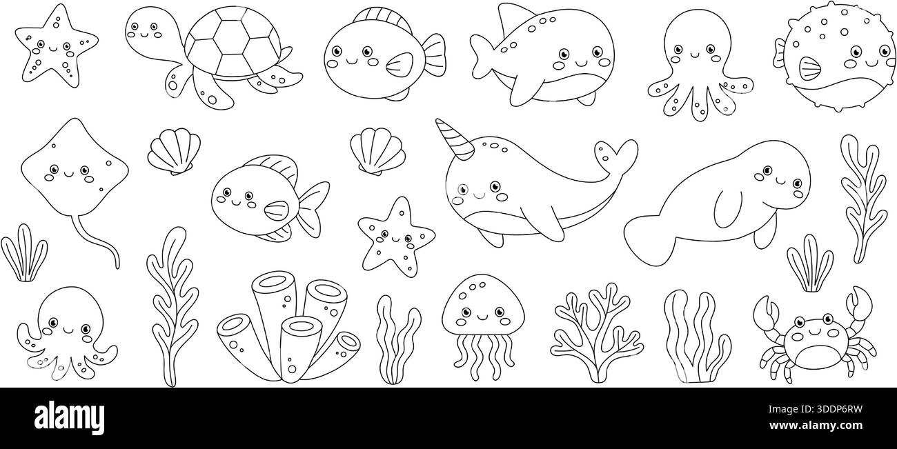 Profilo minimalista di animali marini e coralli. Simpatiche creature marine cartoni animati in semplice stile lineare per progetti per bambini Illustrazione Vettoriale