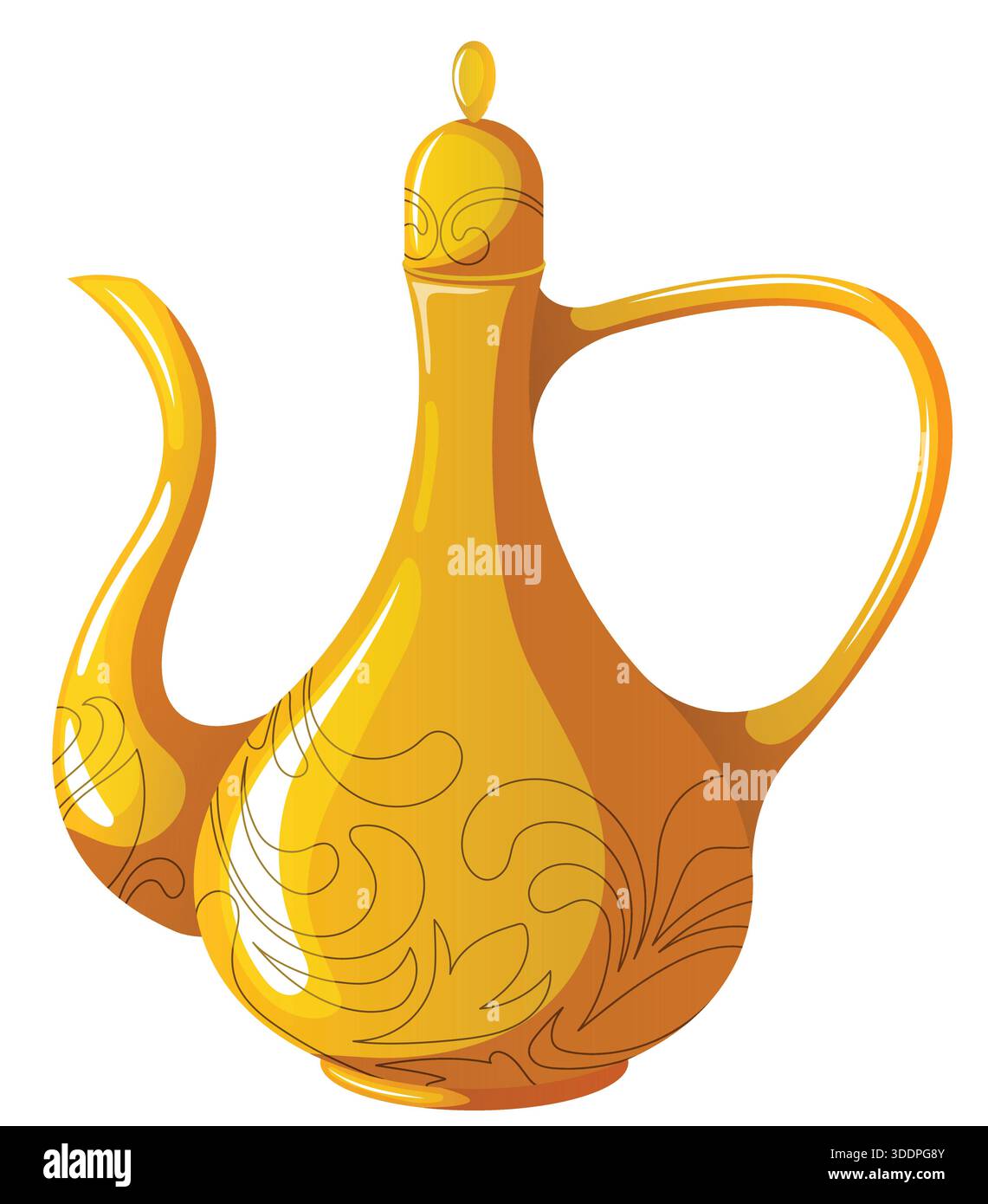 Dallah arabo dorato decorativo, una tradizionale caffettiera e caffe' usata per l'ospitalita'. Grafica vettoriale isolata per il Ramadan e il tema culturale islamico Illustrazione Vettoriale