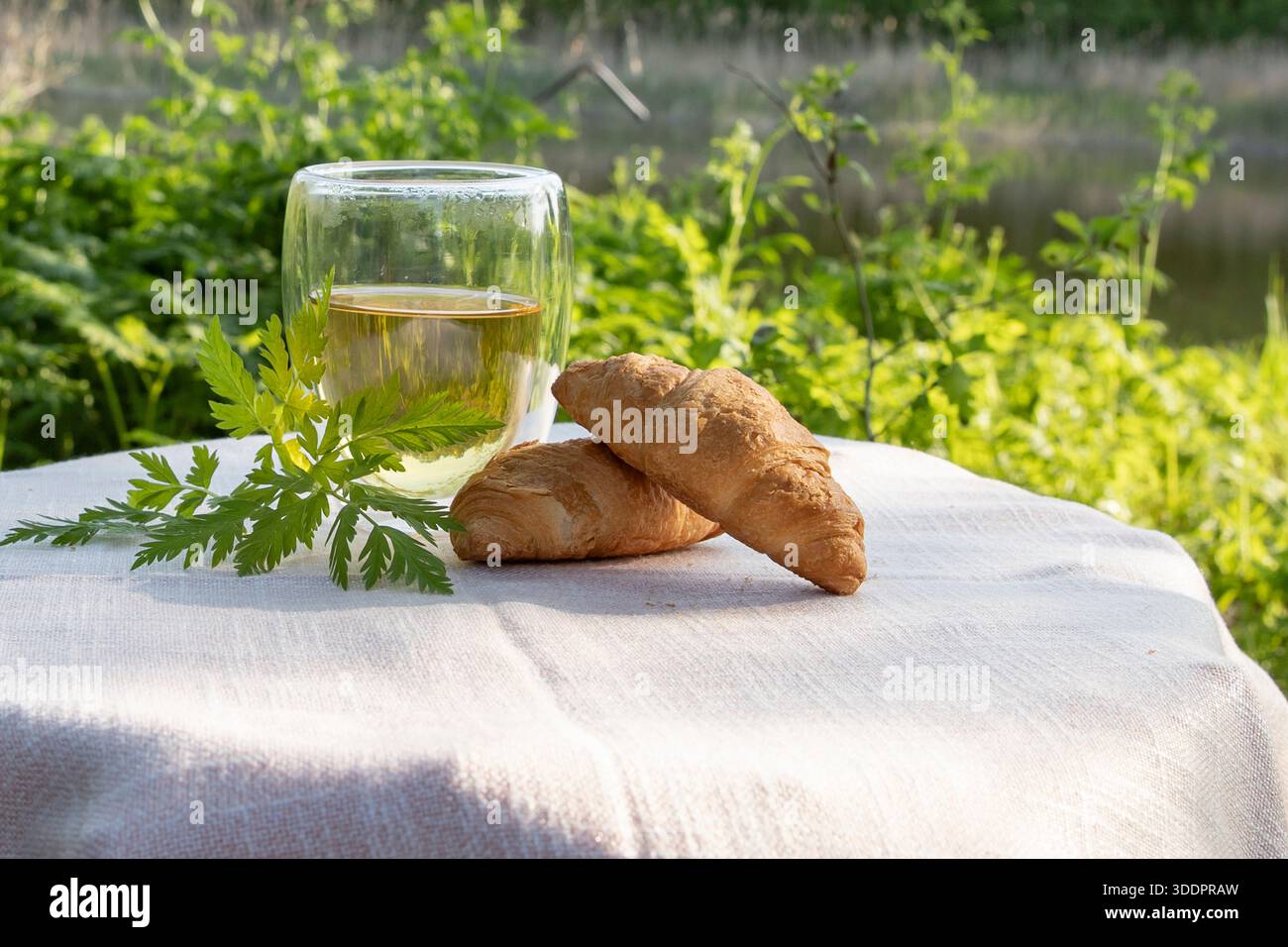 Croissant freschi con un bicchiere di tè caldo su uno sfondo di tessuto chiaro Foto Stock