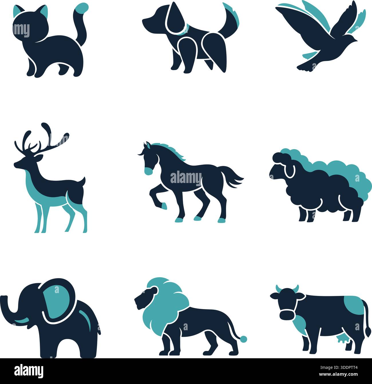 Set vettoriale icone silhouette animali: Grafica minimalista stilizzata per animali e animali selvatici, tra cui Leone, Elefante, cane, gatto, cavallo, e animali da fattoria. Illustrazione Vettoriale