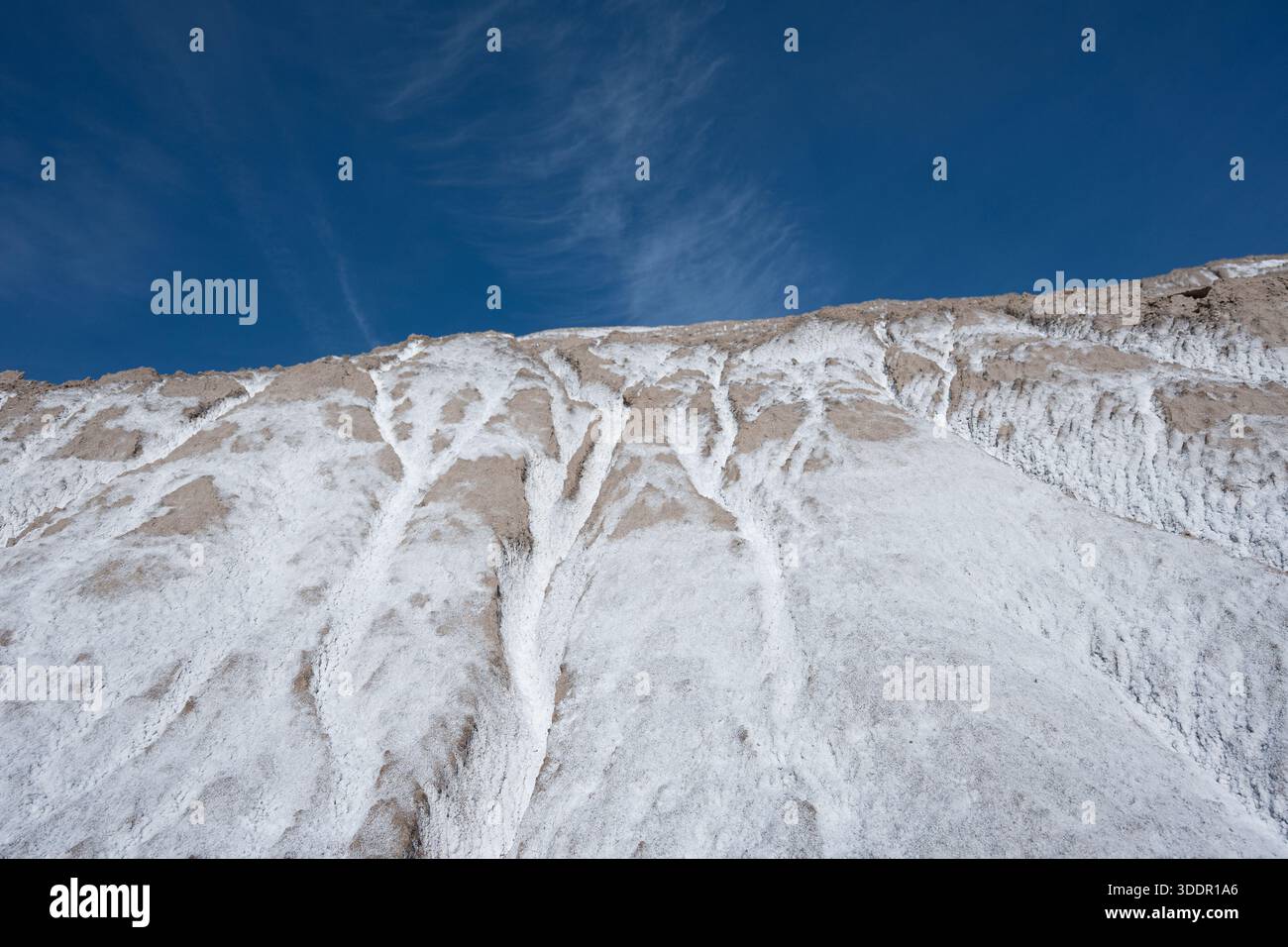 Suggestivo paesaggio arido con formazioni saline bianche che creano complessi motivi interconnessi sulla terra marrone sotto un vasto cielo blu. Rappresenta la purezza, Foto Stock