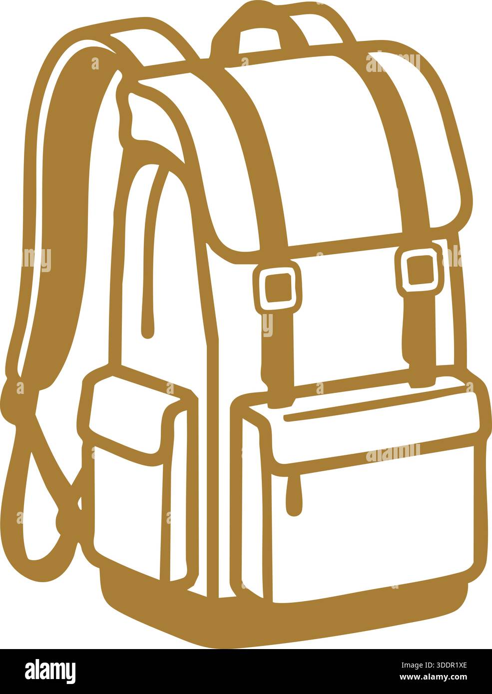 Un disegno dettagliato di un grande zaino da viaggio con tracolle, tasche e fibbie. Illustrazione Vettoriale