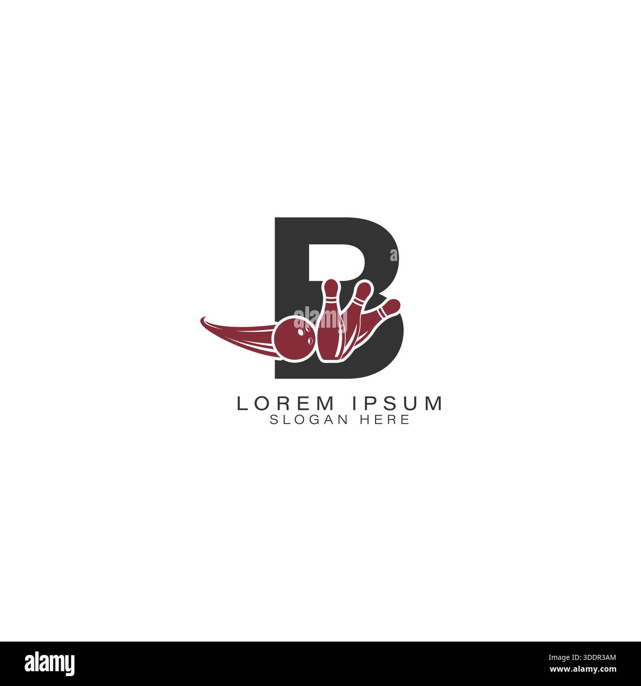 Moderno logo Letter B con palla da bowling e birilli dinamici. Icona alfabeto B design perfetto per i club di bowling Illustrazione Vettoriale