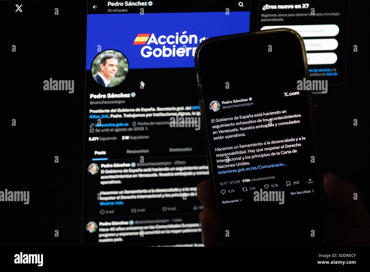 Madrid, Spagna. 3 gennaio 2026. Il post del primo ministro spagnolo Pedro Sanchez su X, ex Twitter, che esprime preoccupazione per le segnalazioni di un'operazione statunitense in Venezuela è visto su uno smartphone in questa foto. L'immagine si riferisce alla dichiarazione del primo ministro sui social media e alla reazione online alle tensioni tra Stati Uniti e Venezuela. Crediti: Diego Martinez/Alamy Live News. Foto Stock