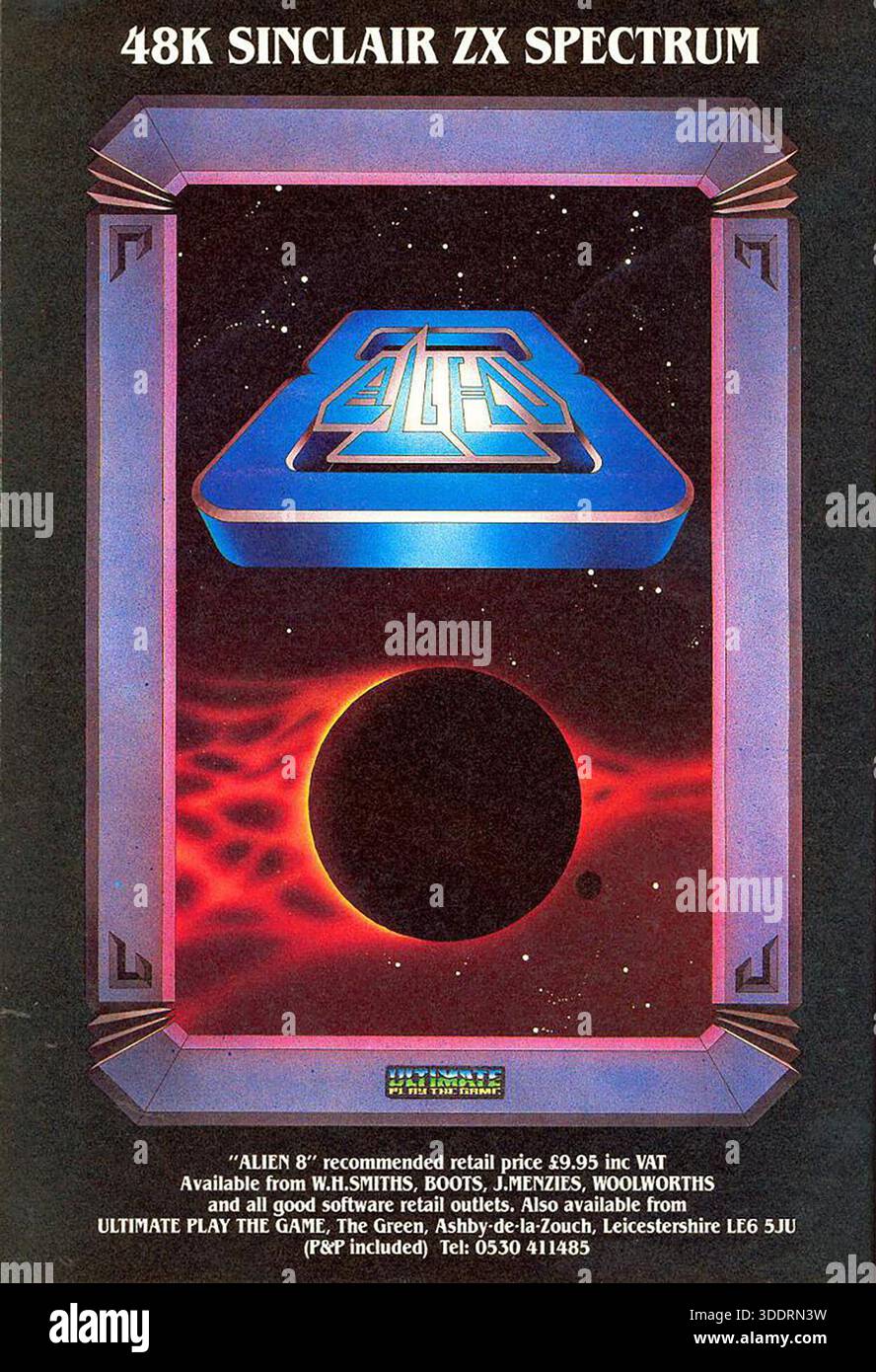 1985 annuncio del videogioco Alien 8 di Ultimate Play the Game. Gioco isometrico di azione-avventura per Sinclair ZX Spectrum Foto Stock