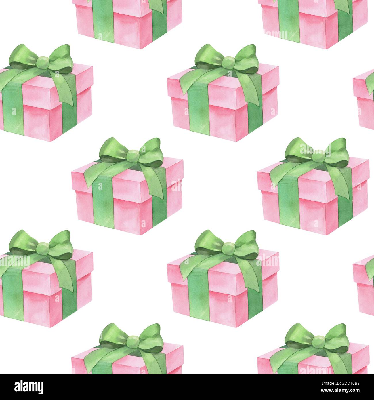 Confezione regalo rosa senza cuciture. Illustrazione acquerello. Per tessuti, carta da parati, carta da imballaggio, biglietti d'auguri, design, decorazione e. Foto Stock