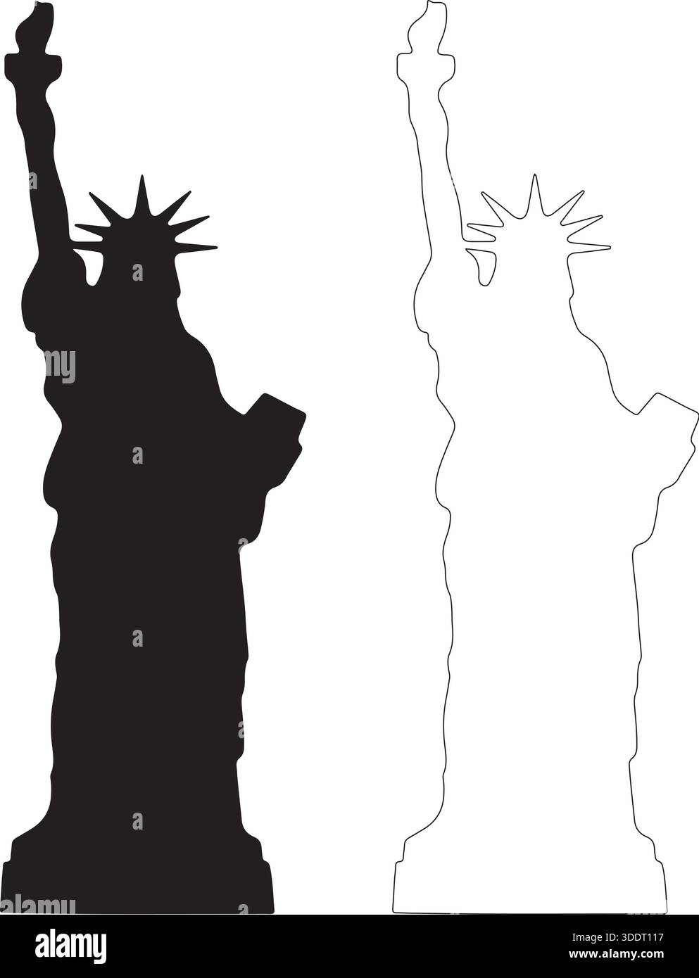 Sagoma della statua della libertà e illustrazione vettoriale su sfondo bianco Illustrazione Vettoriale