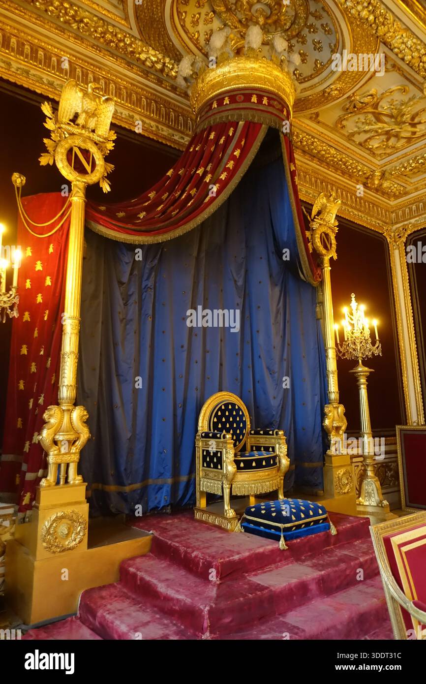 Il trono dell'imperatore Napoleone Bonaparte all'Château de Fontainebleau, vicino a Parigi Foto Stock