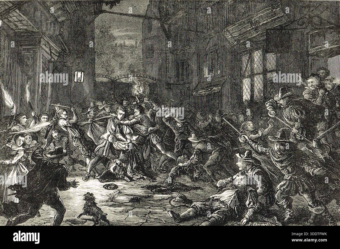 Uno scontro tra Templari e Alsatiani. Rivolta fuori dalla chiesa del Tempio nel luglio 1691. Gli alsaziani di Whitefriars erano criminali del Santuario di Alsazia che attaccarono i Templari che stavano tentando di bloccare un passaggio per Whitefriars. Foto Stock