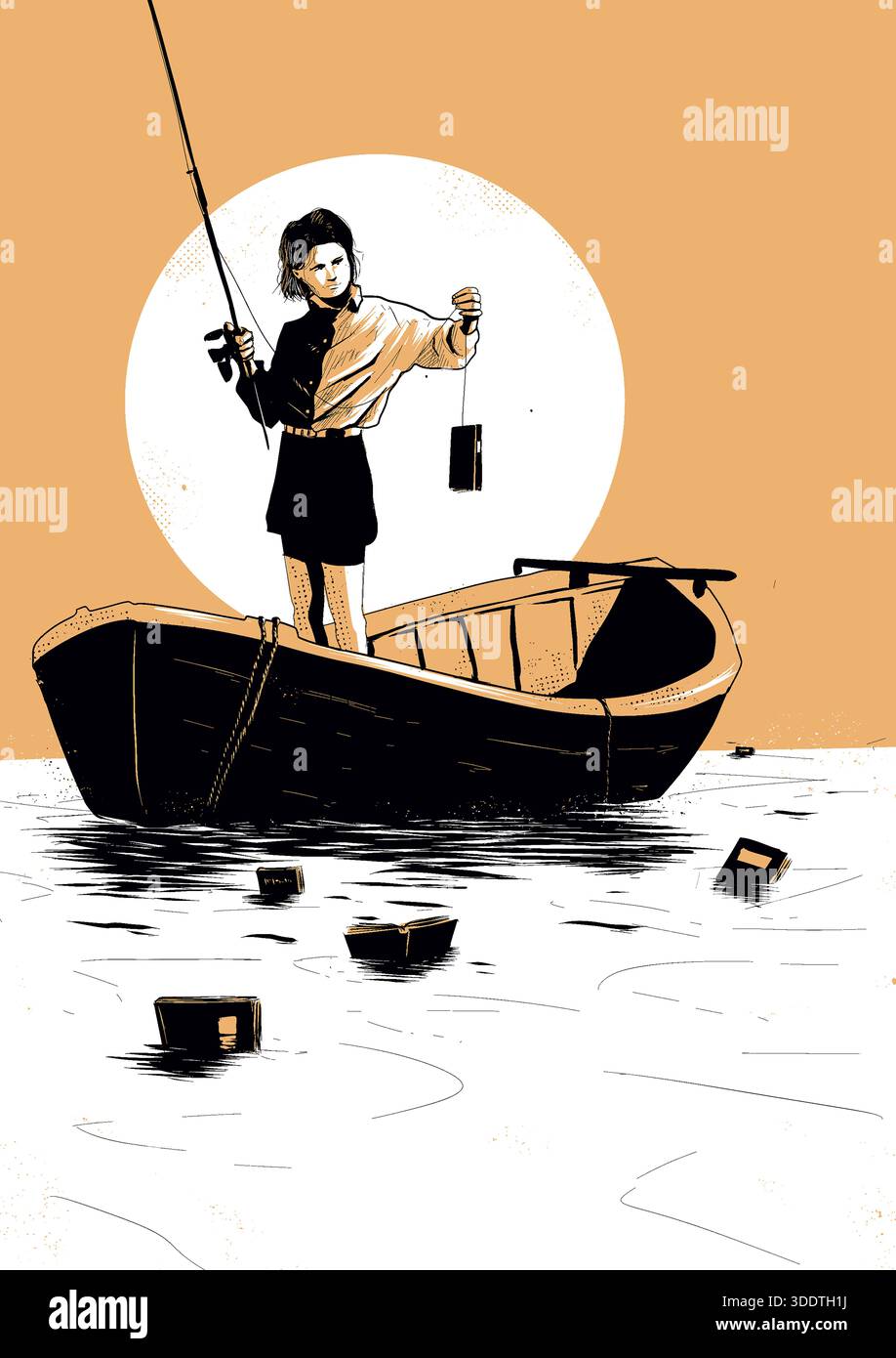 Donna libri di pesca dal mare in una piccola barca, illustrazione concettuale Foto Stock