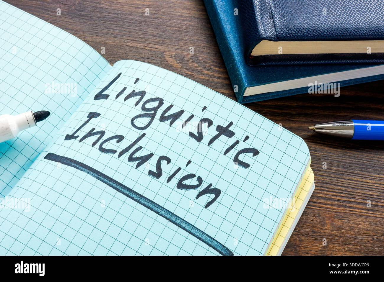 Inclusione linguistica scritta in un quaderno. Diversità ed equa comunicazione. Foto Stock