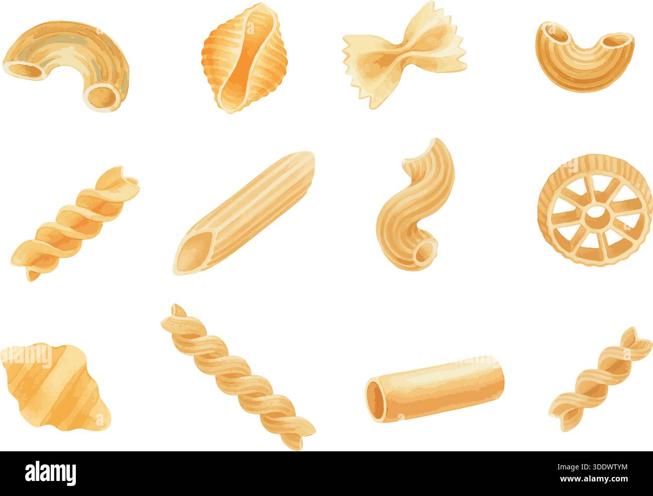 Una collezione di acquerelli di vari tipi di pasta italiana. Un set disegnato a mano che include penne, farfalle, fusilli, maccheroni e altre forme Illustrazione Vettoriale