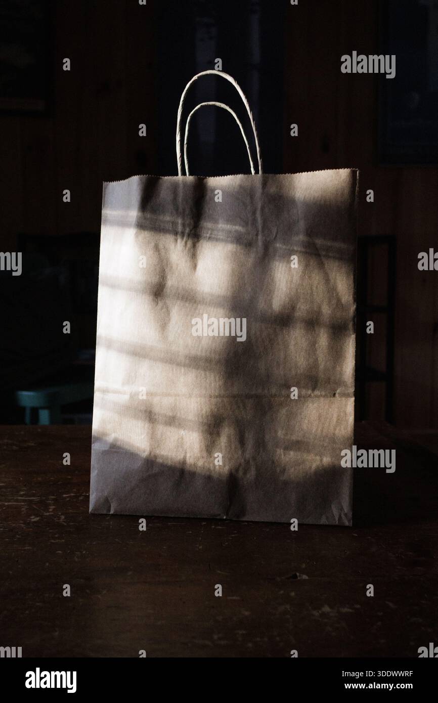 La luce solare densa crea ombre morbide su una borsa della spesa in carta con manici, evidenziandone il design minimalista ed ecologico. Foto Stock